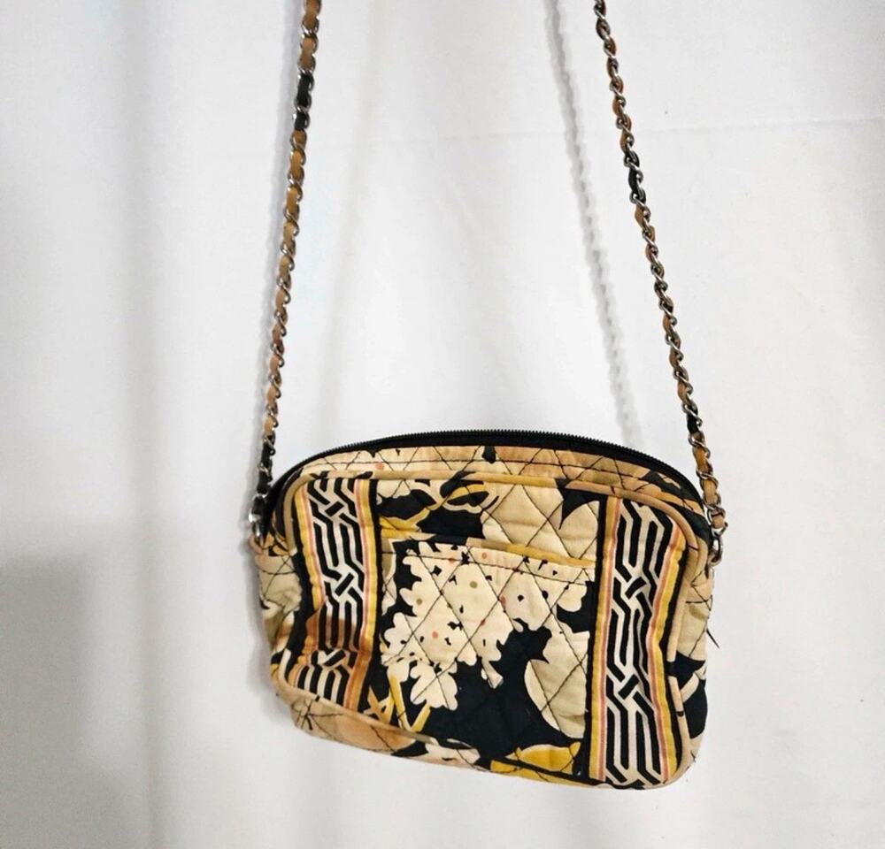 Vera Bradley Small Geometric Crossbody Bag Black Beige Chain Strap Zip Lined